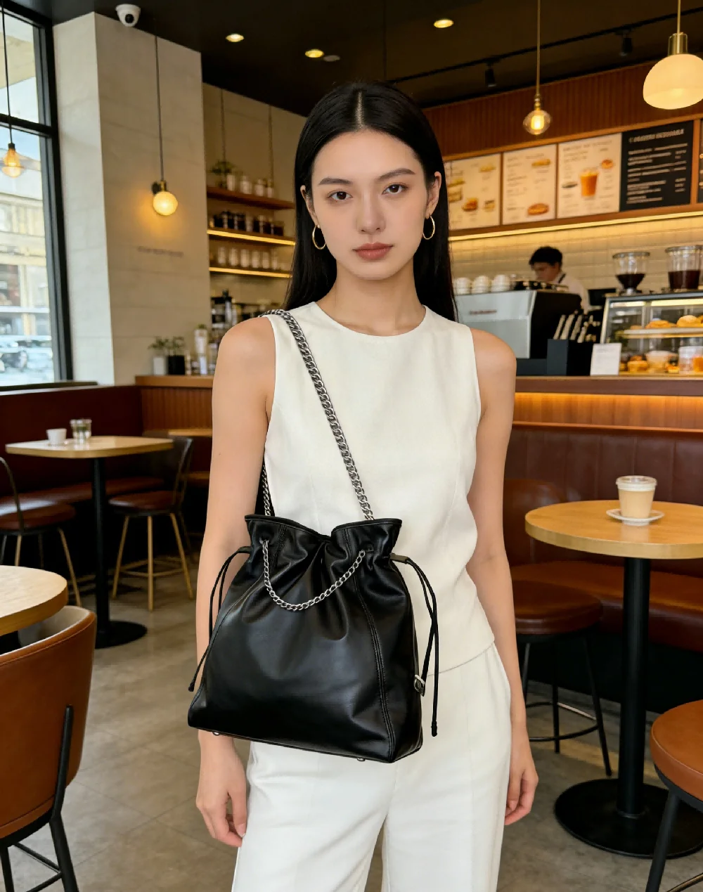 

Voluminous Black Hobo Shoulder Bag, Relaxed Slouch Crossbody Purse, Modern Minimalist Handbag with Drawstring Closure