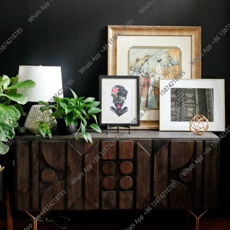 P Nordic retro solid wood TV cabinet living room locker designer geometric carved dining side cabinet N