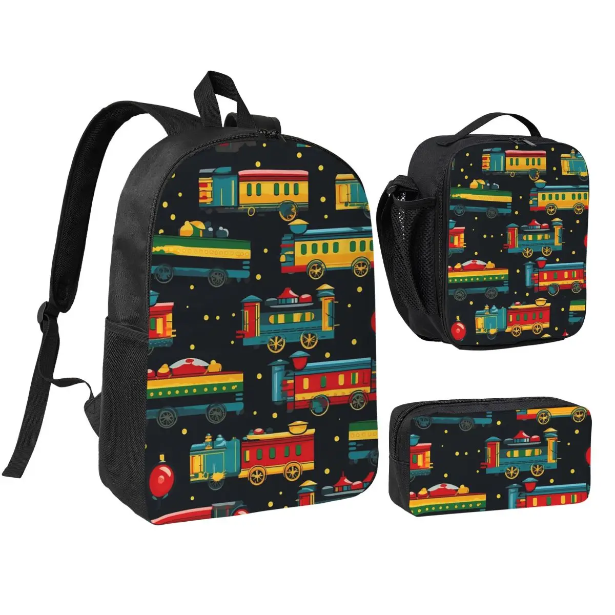 

Cartoon Train Models Display Design Backpack BookBag School Bag Computer Shoulder Bags 3ps Insulated Lunch Bag Pencil Case