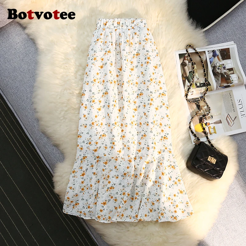 Botvotee ทรัมเป็ตชีฟองดอกไม้พิมพ์กระโปรงผู้หญิงเอวสูง Elegant ด้านข้างแยก Ruffles กระโปรงยาวสํานักงาน Midi Skort
