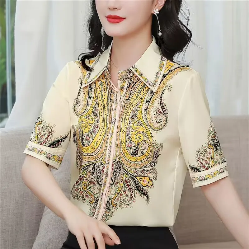 

Satin Silk Shirt WomenShort Sleeve Spring Summer New Vintage European Print