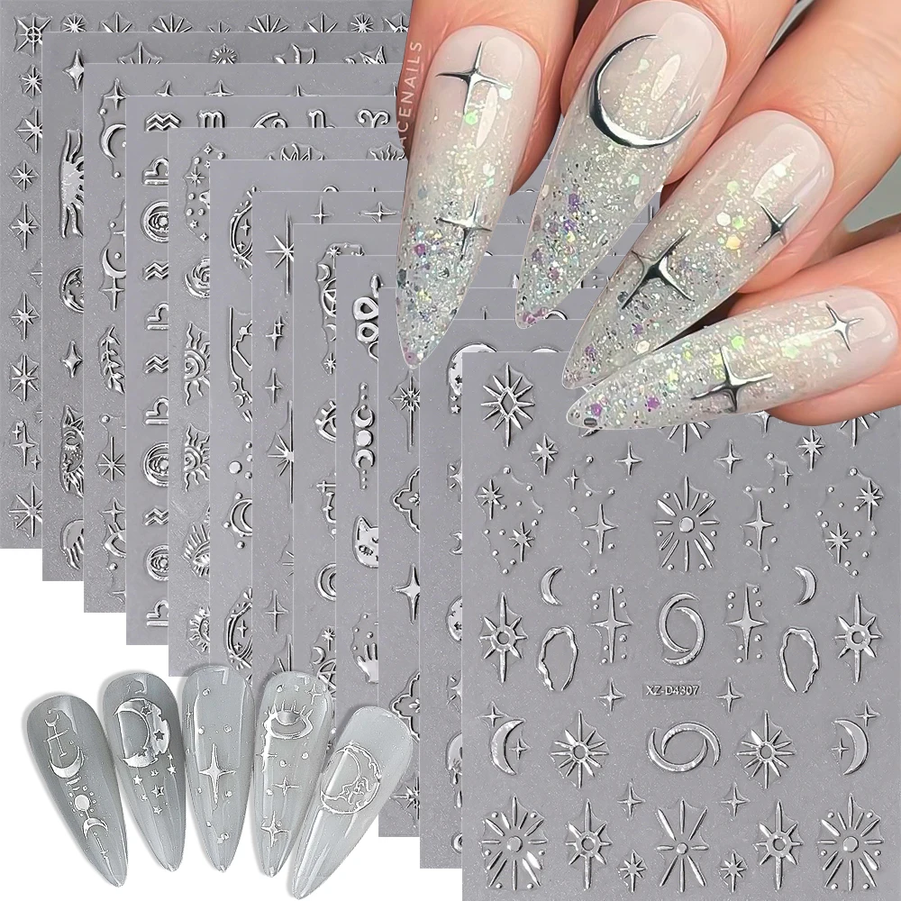 12 ชิ้น Glitter Silver Moon Star Sun Nail Art Decals 3D Bronzing งูแมวสติกเกอร์เล็บ 8*10 เซนติเมตร Self - กาว Starlight เล็บ Slider