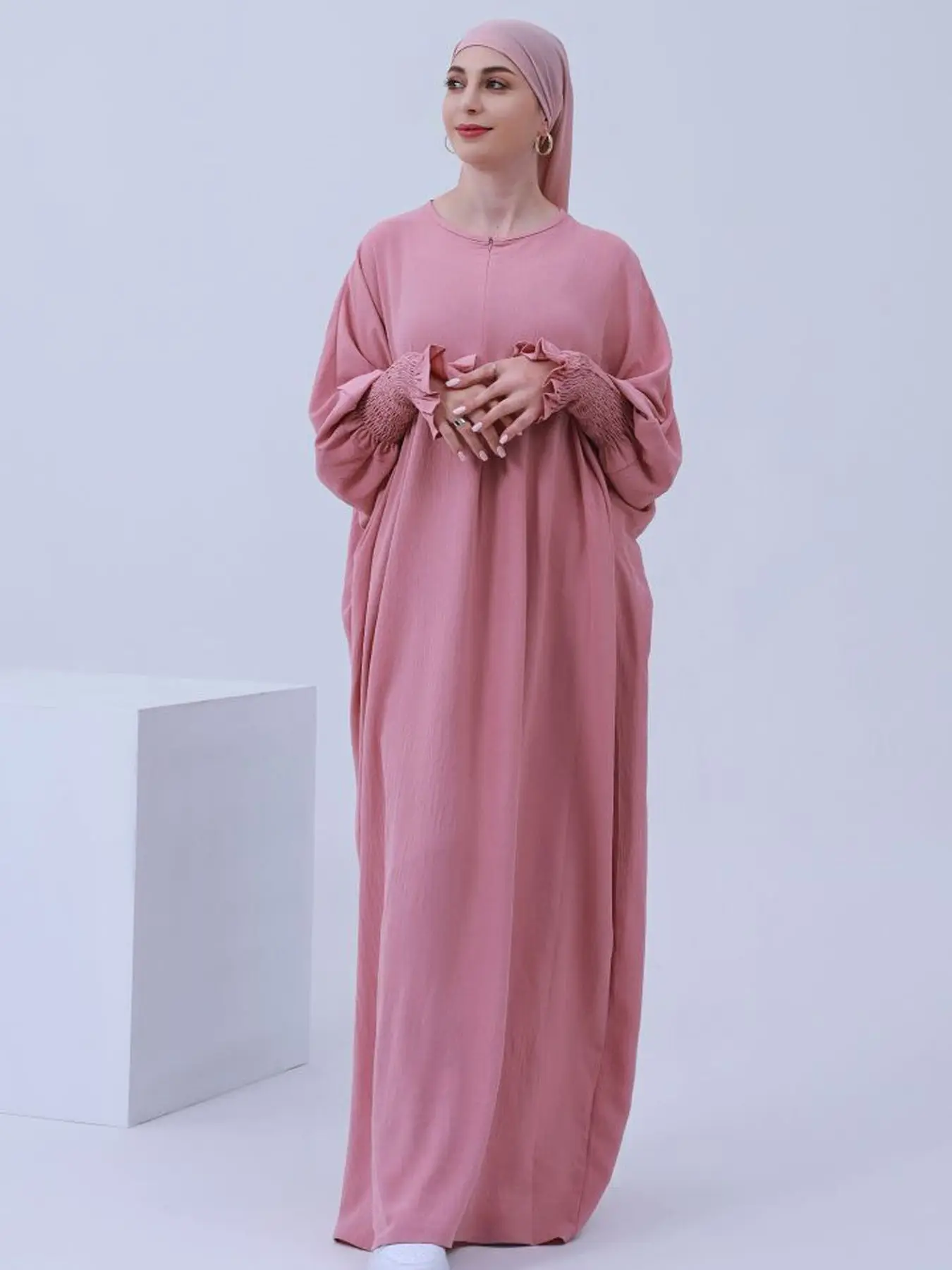 New Zip Up Djellaba Muslim Prayer Maxi Dress Dubai Full Length Elastic Sleeve Soft Abaya Dubai Turkey Muslim Islam Modesty Robe