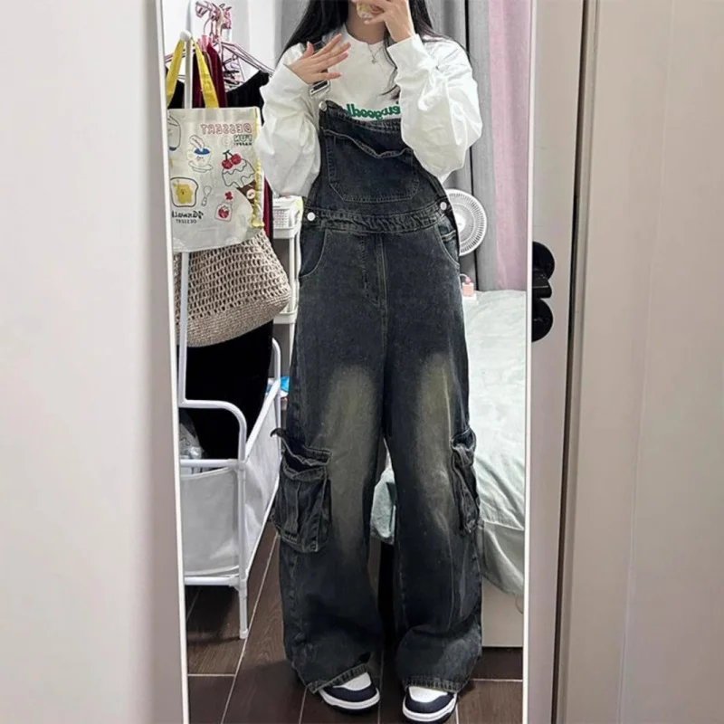 

American Retro Workwear Overalls Women, Autumn And Winter Lazy BF Style Loose Vintage Straight Wide-Leg Jumpsuit Pants
