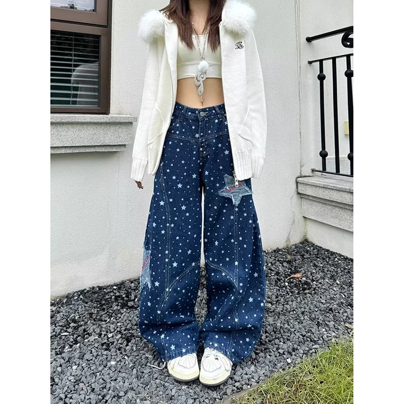 

Женские винтажные синие мешковатые джинсы Y2k со звездным принтом, осень 202, широкие джинсовые брюки в стиле Харадзюку, уличная одежда, брюки 2000-х годов, одежда