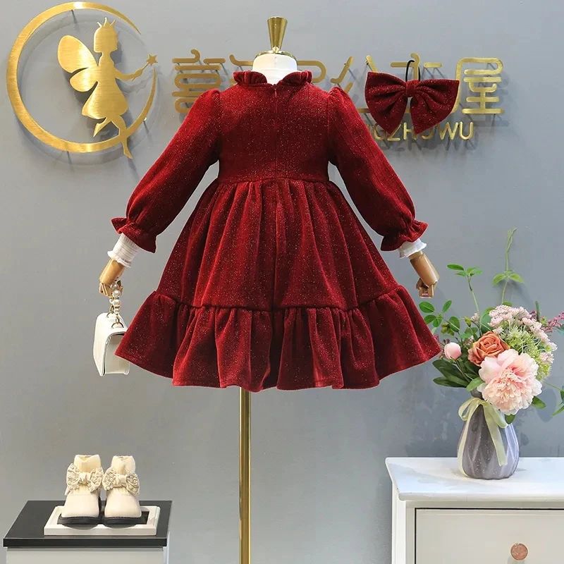 2-12 Years Kids Red Corduroy Princess Dress with Bow Children Long Sleeve Christmas Dresses for Girls Thick Velvet Winter Dress