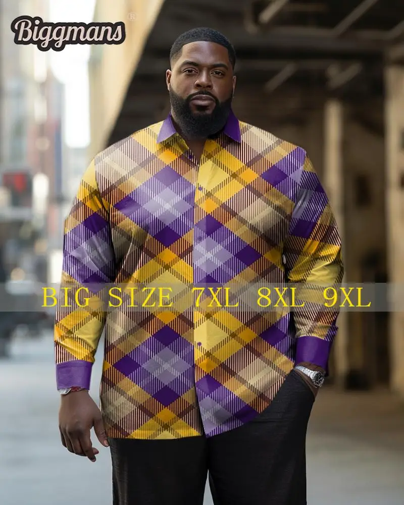 

Biggmans Plus Size L-9Xl for Men's Shirt Clothing Summer Yellow Plaid Color Matching Long-Sleeved 18 Kinds Pattern Large Top