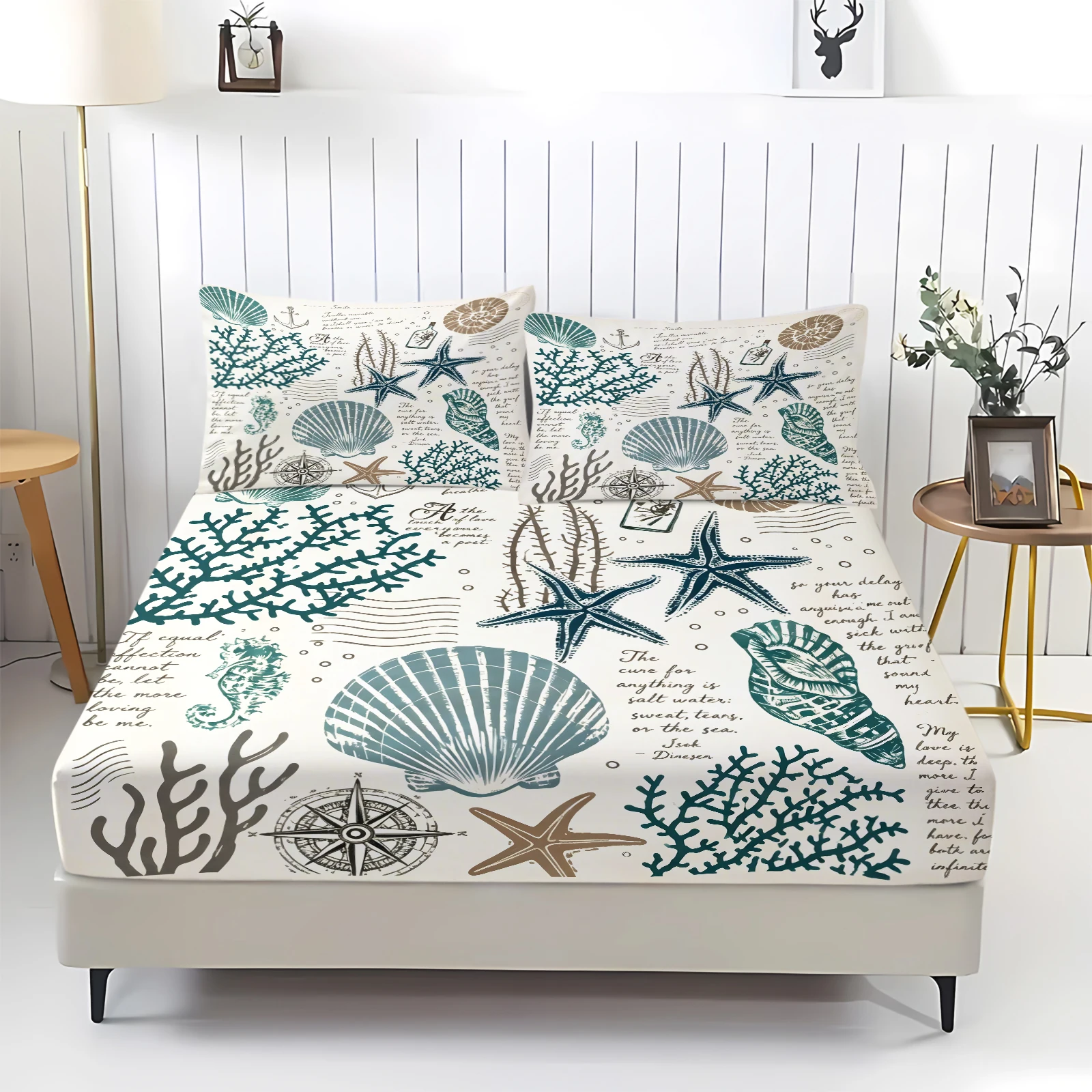 Ocean Coastal Nautical Fitted Sheet Set Starfish Seashell Coral Print 3‑piece Bed Sheet Set Elastic Deep Pocket Mattress Cover