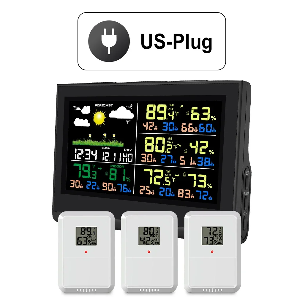Slim draadloos weerstation met 3-sensoren Groot kleurendisplay Binnen Buiten Digitale thermometer Hygrometer voor thuiskantoor
