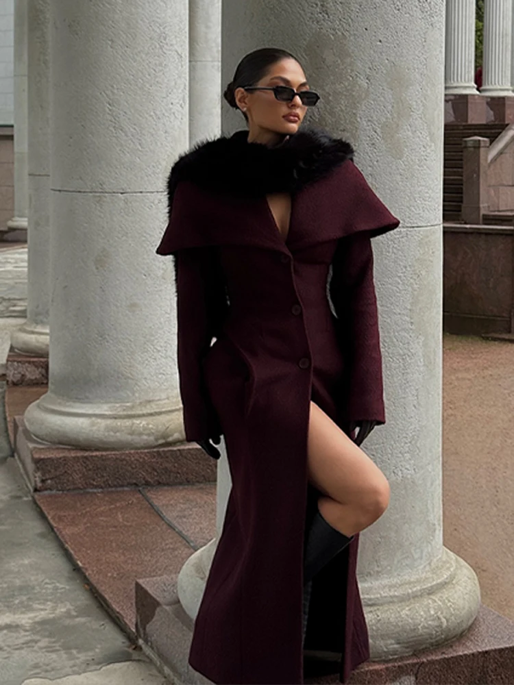 

Women Winter Fashion Burgundy Long Coat Full Sleeve V-neck Cape Style Design Jackets Autumn Winter High Street Commute Outerwear