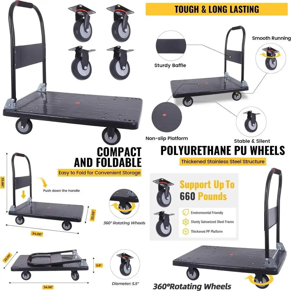 

Upgraded Heavy-Duty Foldable Platform Cart with PU Wheels, 660 lbs Capacity for Moving
