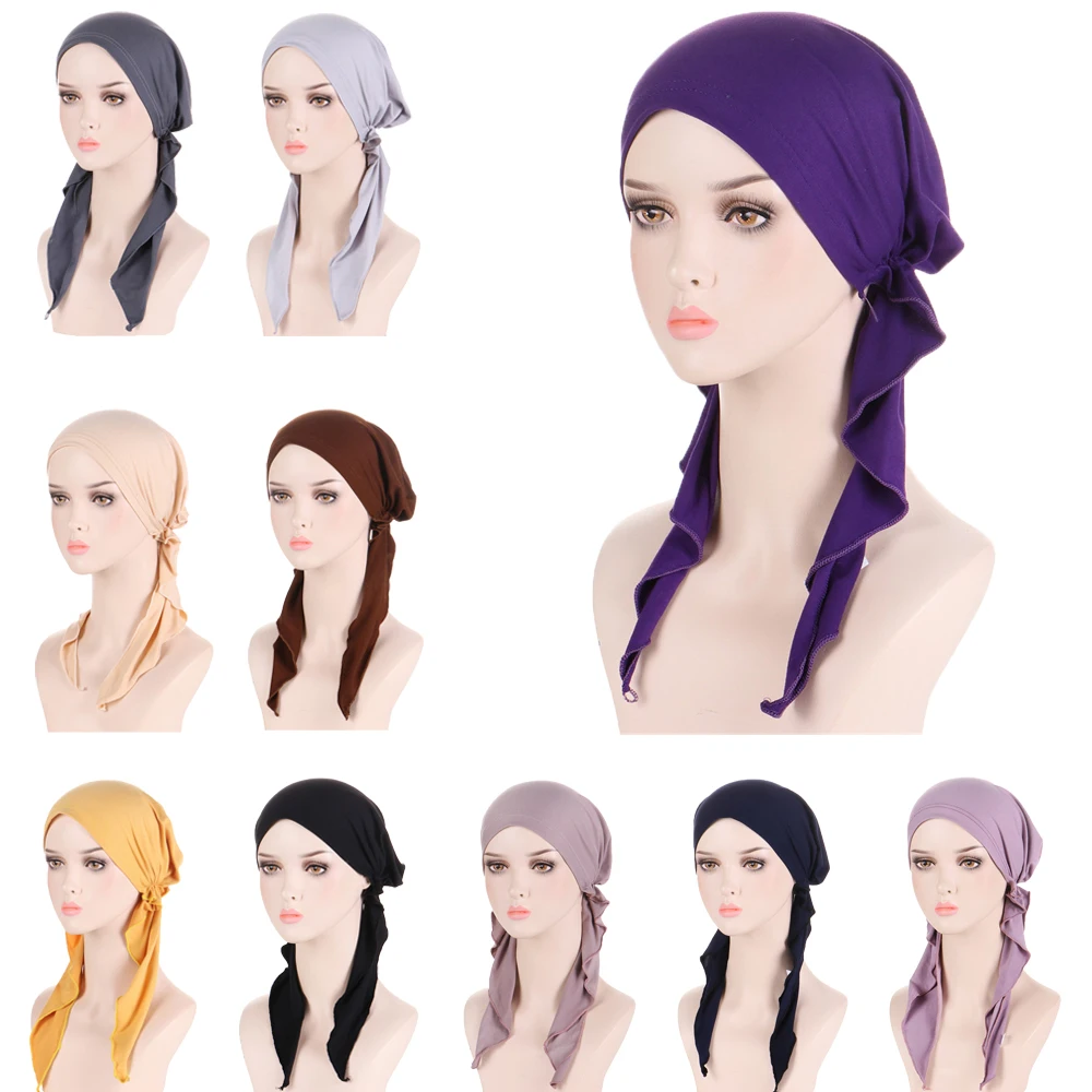 

New Fashion Muslim Woman Inner Hijabs Hat Turban Pre-tied Head Cap Hat Beanie Ladies Hair Accessories Muslim Scarf Cap Hair Loss