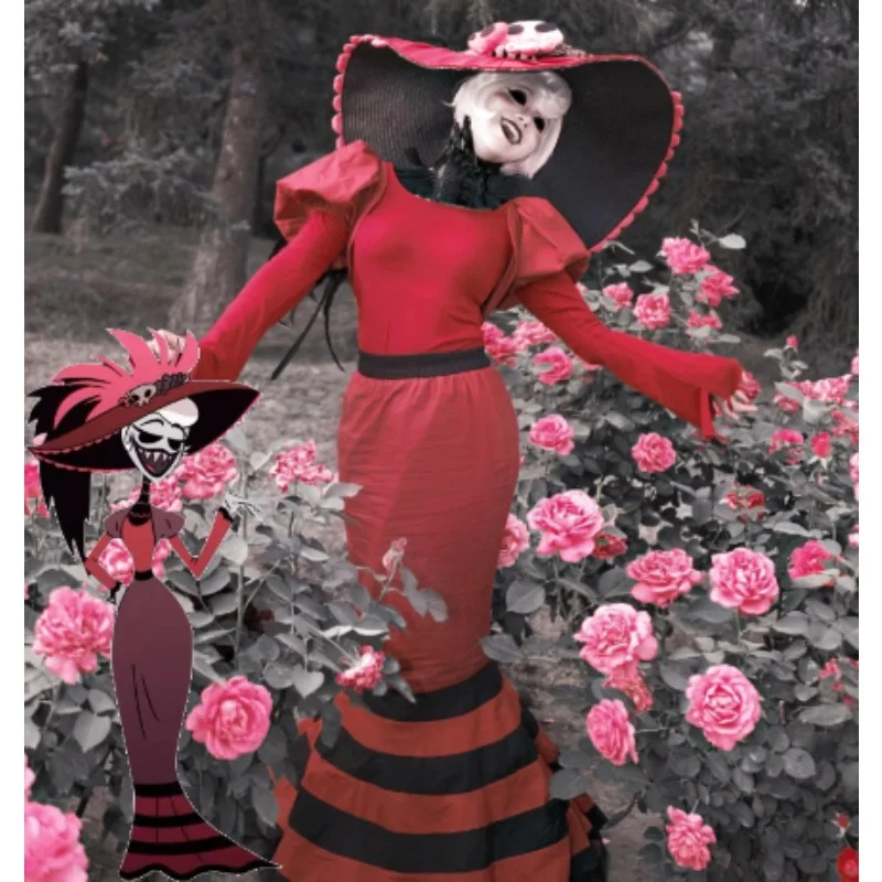 

Hazbin Hotel Demon Lord Rosie Cosplay Costume Women Red Off Shoulder Wrap Dress Halloween Carnival Roleplay Outfit