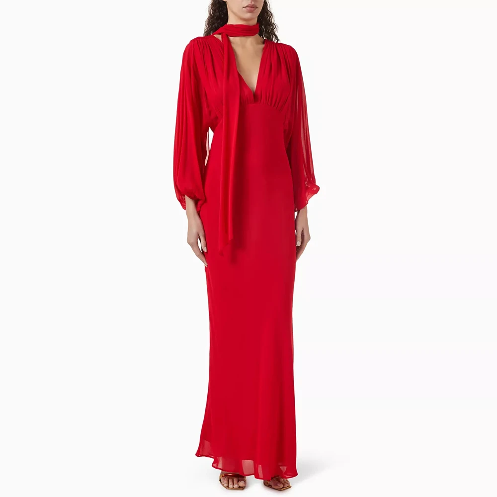 

Classic Mermaid Red Chiffon Evening Dress Formal V-Neck Long Sleeves Customized Homecoming Dresses Modern Celebrity Gowns
