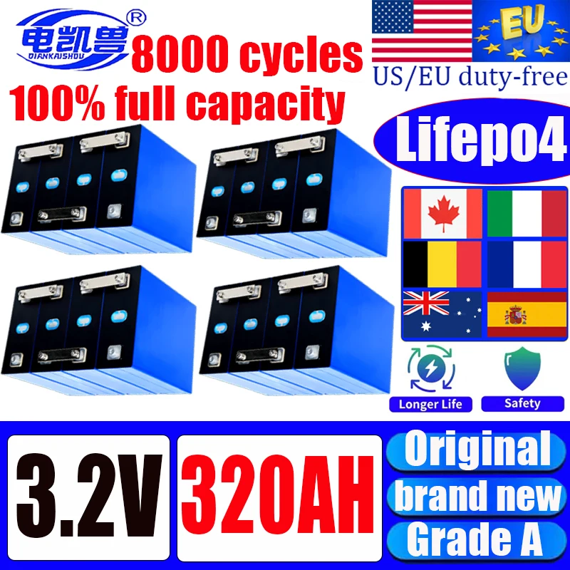 1-16S New 8000 Cycles Grade A 3.2V 320AH 120AH Lifepo4 Battery DIY 12V 24V 48V 3C RV Lithium Iron Phosphate Rechargeable Battery