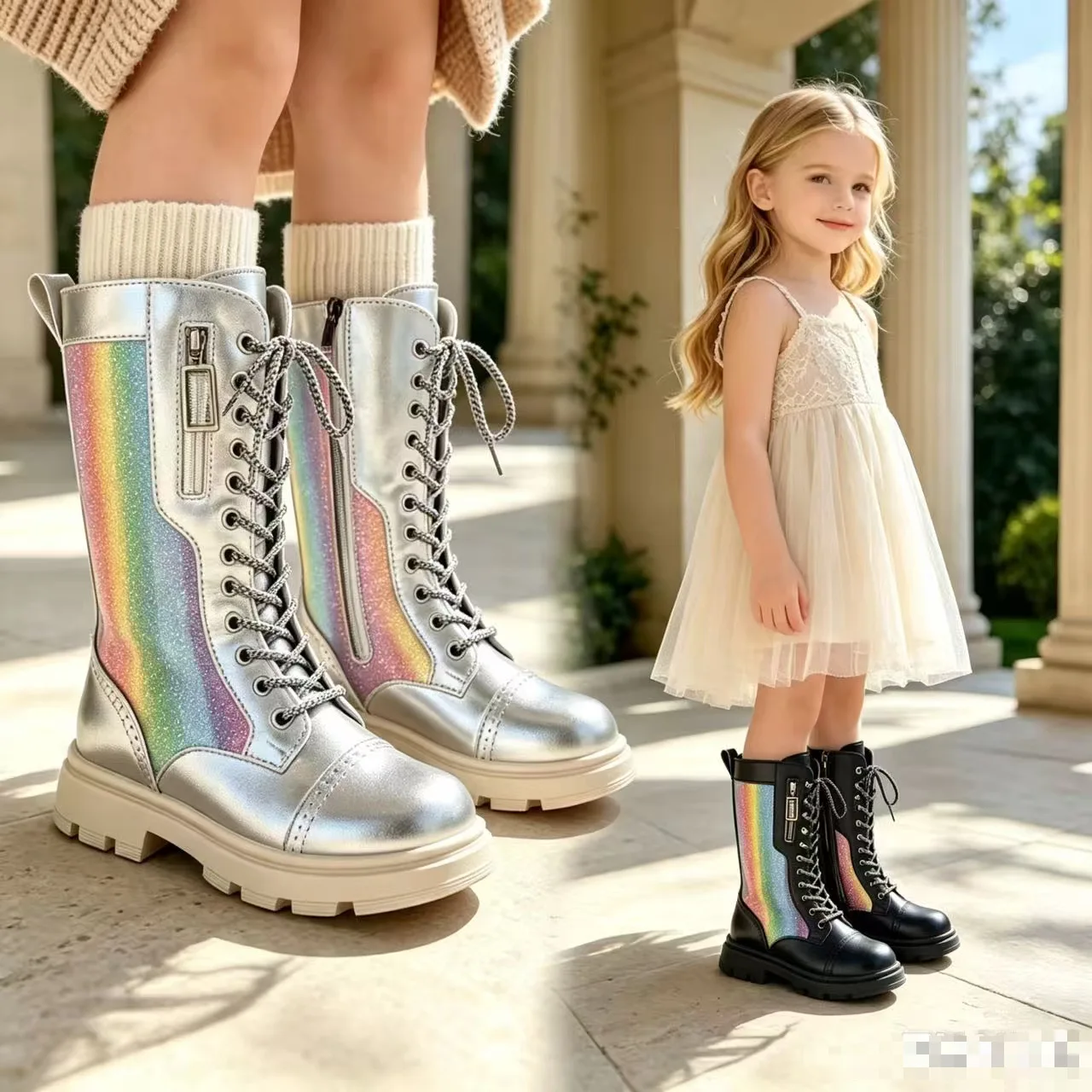 gilrs long boots autumn shoes kids rainbow colors knee-high boot 2026 new Fashion lace up zip shoe for skirt coordinated 27-37