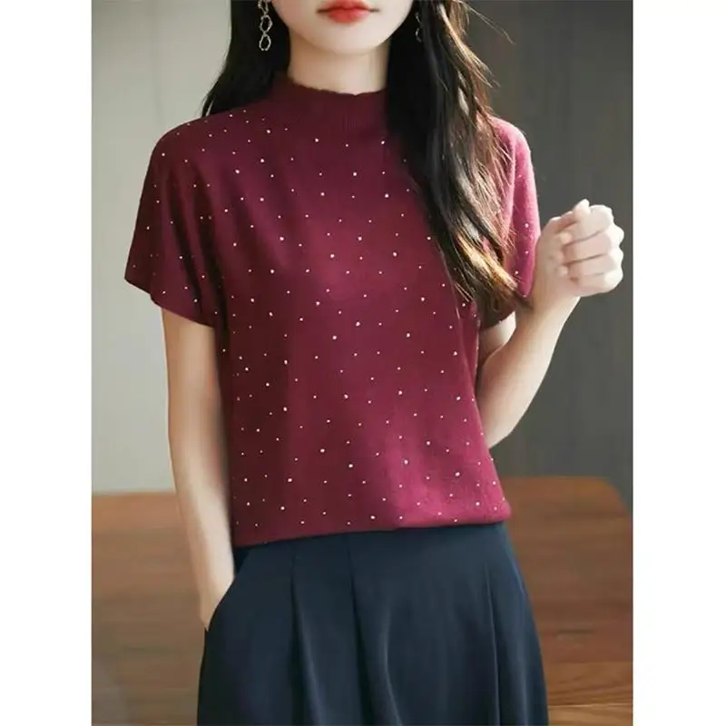 

Women Light Luxury Korean Fashion Elegant T-shirt Summer Short Sleeve Polka Dot Thin Top Loose Casual Pullovers