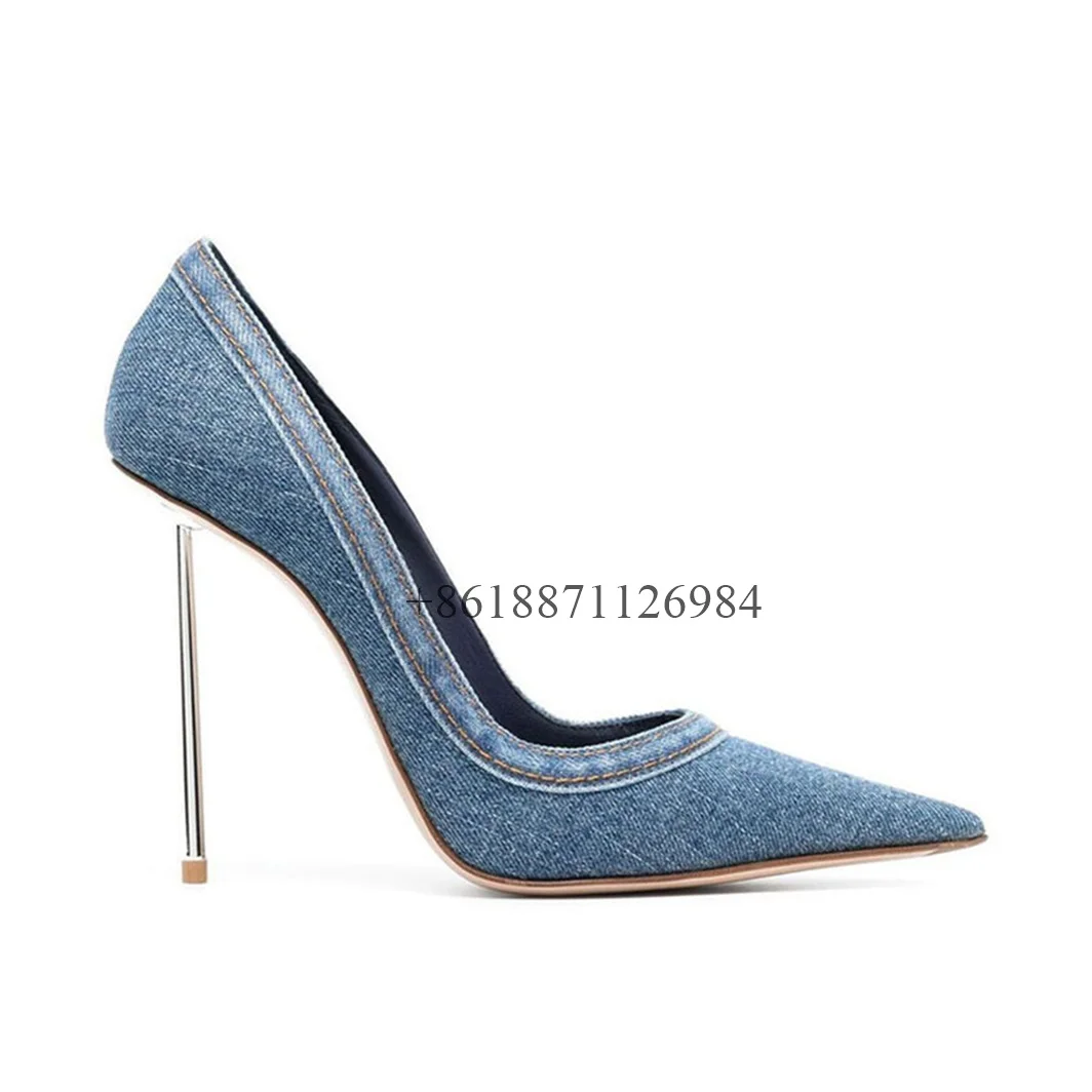 Black And Cowboy Blue Pointed Toe Women Pumps Shoes Metal Stiletto High Heels Slip On Design Large Size Fashion Show Shoes