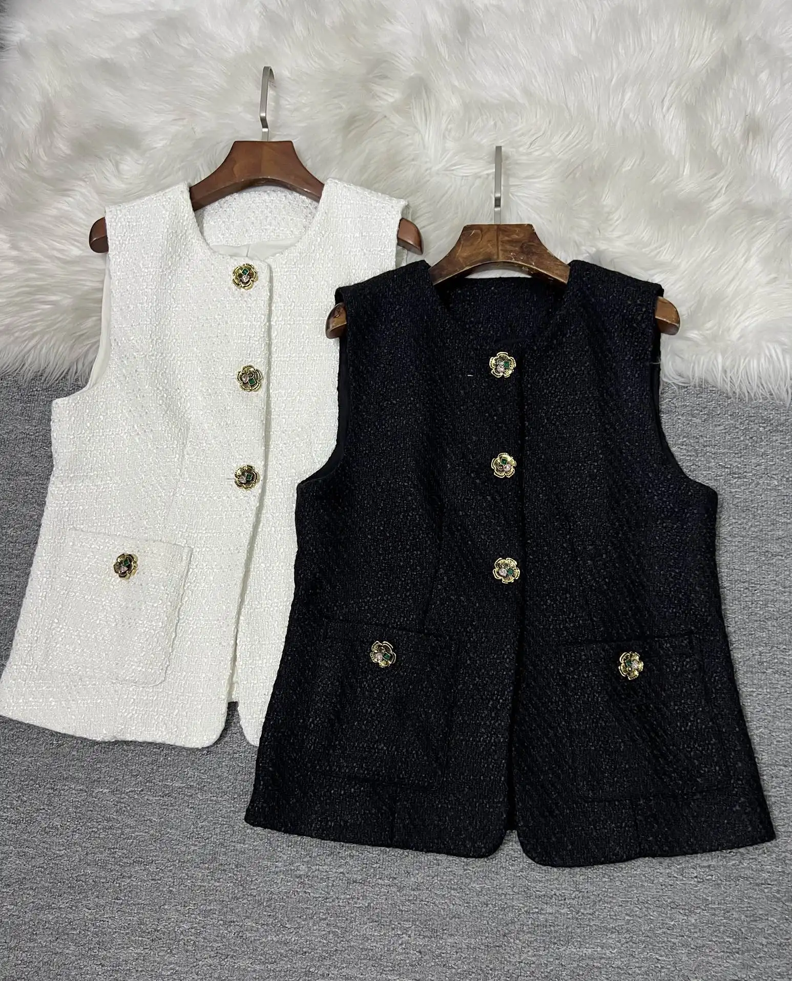 ZJYT Autumn Winter Fashion Women Tweed Woolen Vest Jacket Sleeveless White Tops Elegant Lady Single Breasted Vest Coats Female