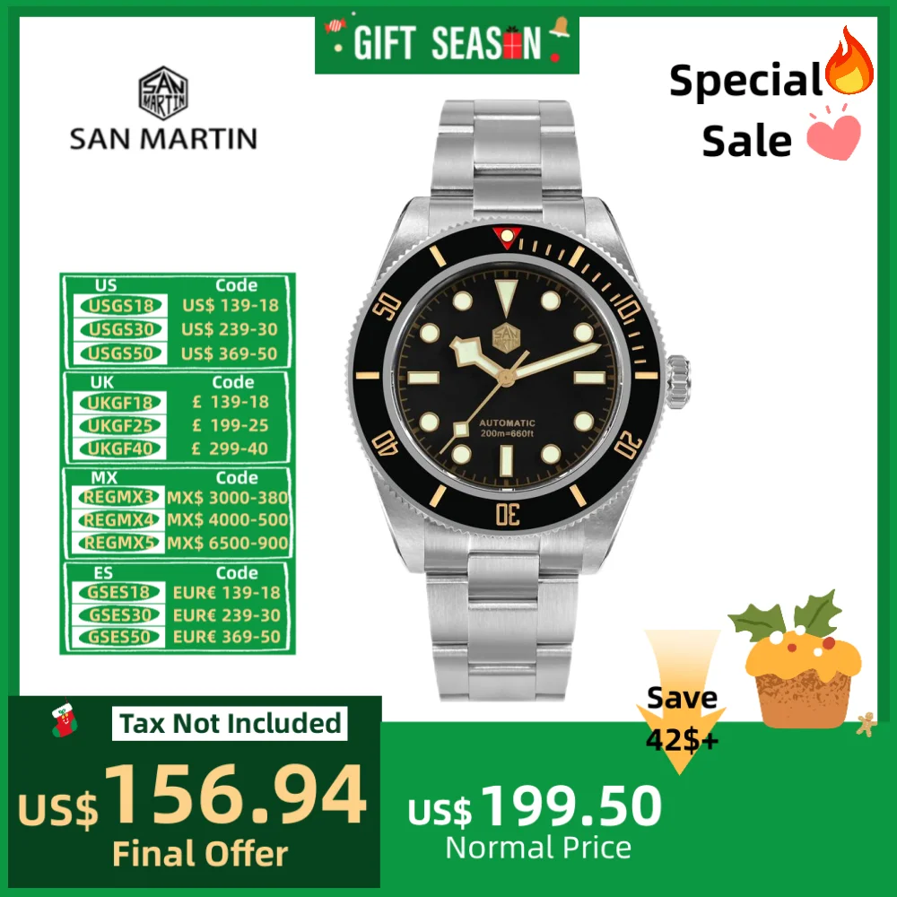 San Martin 40mm NH35 Automatisch Heren Duikhorloge 20ATM Waterdicht BB58 Saffier Horloge BGW-X1 C3 Lichtgevende Klok Reloj SN0008C