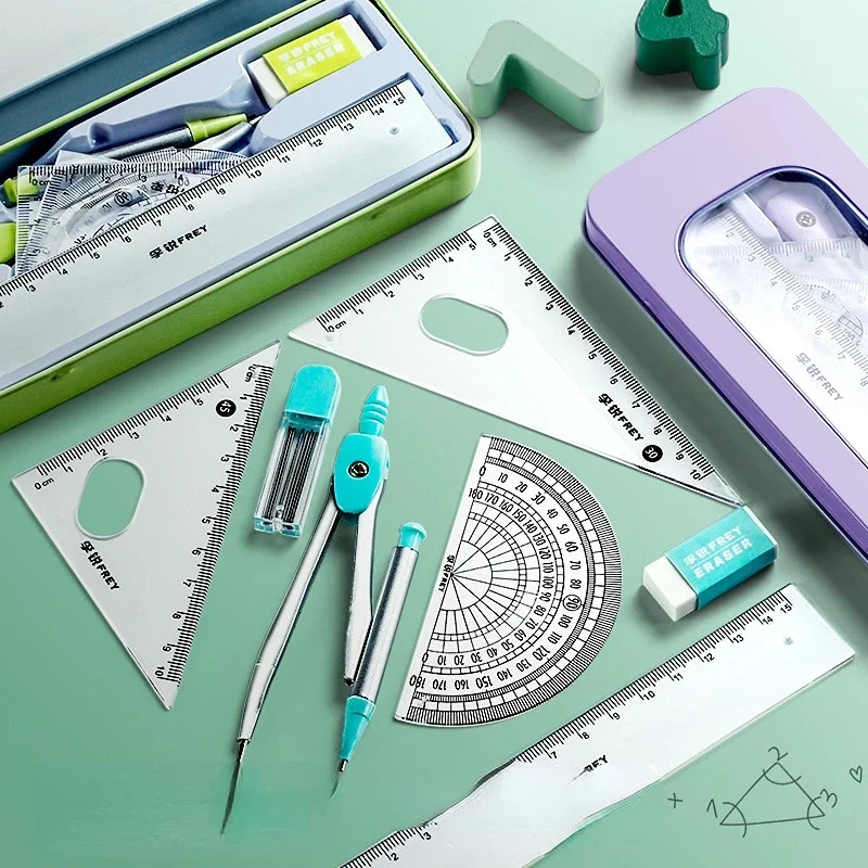 Purple/Green Compass Ruler 7 Pieces Learning Tools Math Drawing Set for Students