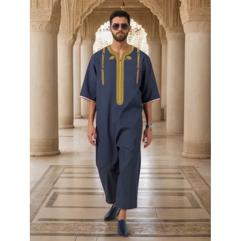 Muslim men's thobe short-sleeved embroidery Moroccan Clothing Islamic loose men Moroccan Caftan Abaya dress