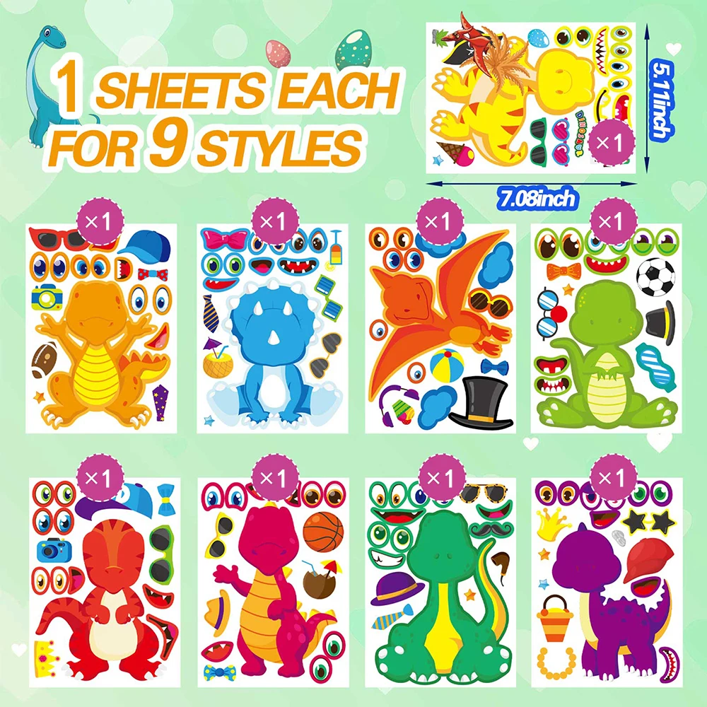 9/18Sheets DIY Dinosaur Puzzle Stickers Make Animal Face Assemble Jigsaw Game Gift Recognition Training Toys For Kids Girls Boys