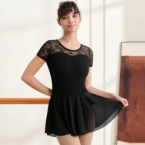 Imagen 2 del producto Vestido de encaje de manga corta para mujer, leotardos de baile de Ballet para adultos, Tops de gimnasia con espalda hueca en forma de gota de agua y forro suave