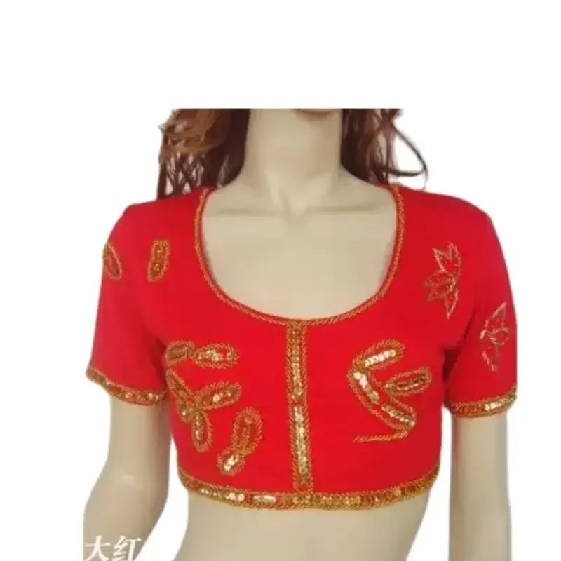 female performance sequins cotton top free size woman belly dancing embroidery leaf top