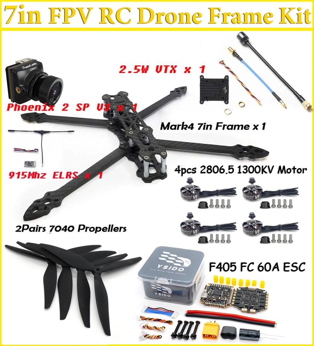 

MARK4 7inch FPV Racing Drone Frame Kit F405 FC 60A ESC Stack 2806.5 Brushless Motor 7040 Propeller 2.5W VTX Camera 915MHZ ELRS