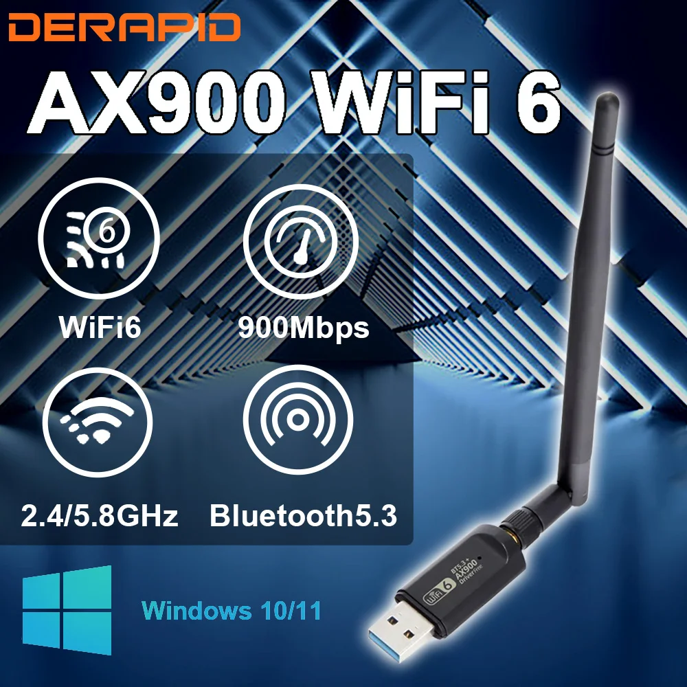 AX900 USB WiFi 6 Adaptador, 2.4G, 5GHz, Dual Band, Bluetooth 5.3, Cartão sem fio, High Gian Antenna para Windows 10, 11, PC, Laptop, Free-Drive