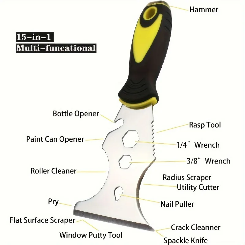 15‑in‑1 Paint Scraper Multi‑Functional Serrated Metal Blade Ergonomic Handle Paint Remover Tool for DIY Professional Use