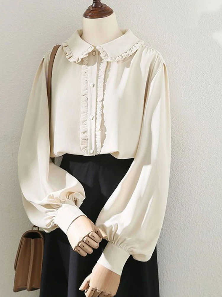 Zoki Elegant Sweet Ruffles Shirt Women Vintage Cute Lantern Sleeve Blouse Japan Kawaii Peter Pan Collar Lady Casual Spring Tops