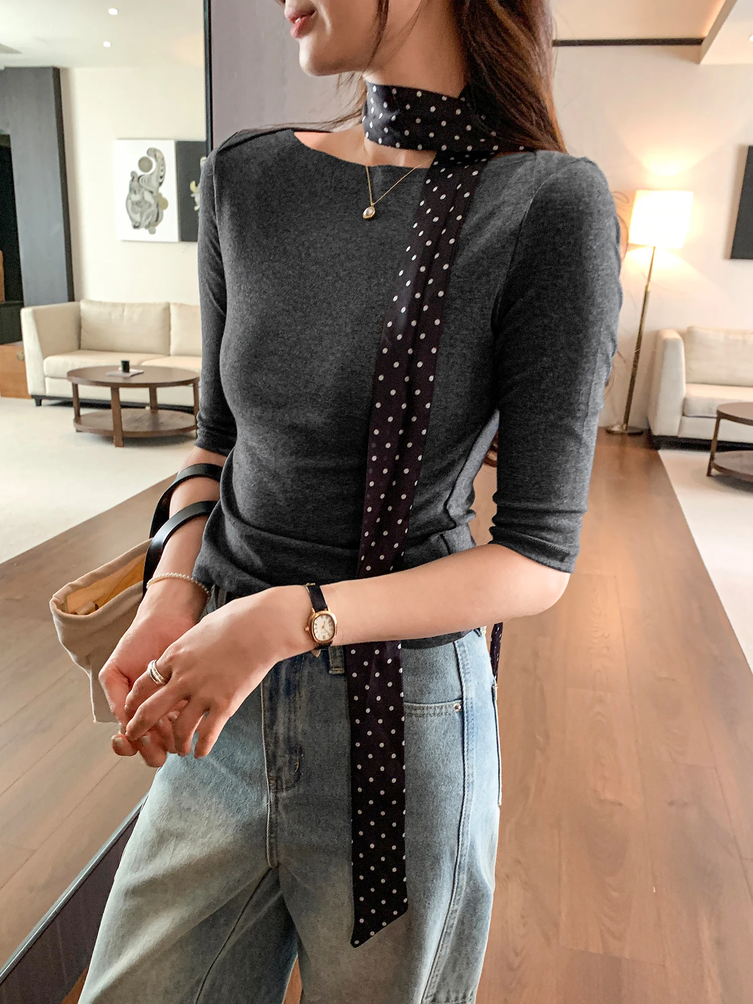 Chic Korean Sle Women's Slim Fit T-irt Summer 2025 New Faion Unique Collar Design Breathable Cotton Moisture ng