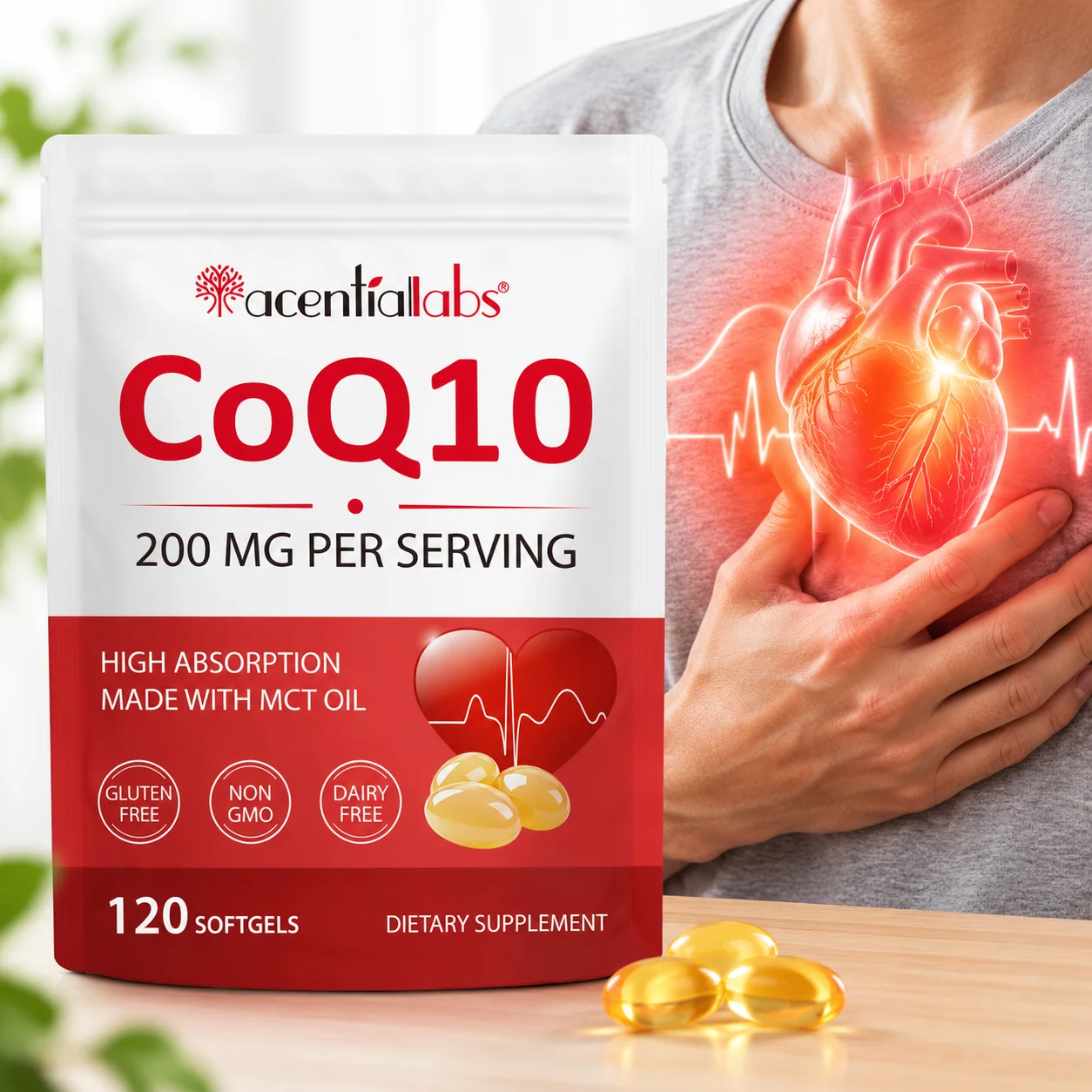 CoQ10 Softgels Heart Health Cardiovascular Comfort Boost Immunity Cellular Antioxidant with MCT Oil 120pcs for Adults Over 40