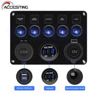 5 Gang Switch Panel For Car Boat Yacht Caravan Truck Waterproof Voltmeter Power Dual USB 4.2A Socket Panel LED Backlight 12-24V