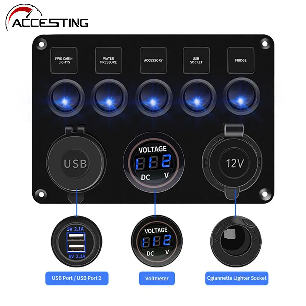 5 Gang Switch Panel For Car Boat Yacht Caravan Truck Waterproof Voltmeter Power Dual USB 4.2A Socket Panel LED Backlight 12-24V