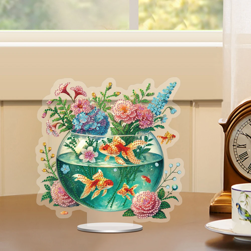 

2D Flat DIY Acrylic Diamond Painting Desktop Decors Ornaments (Goldfish Flowers)