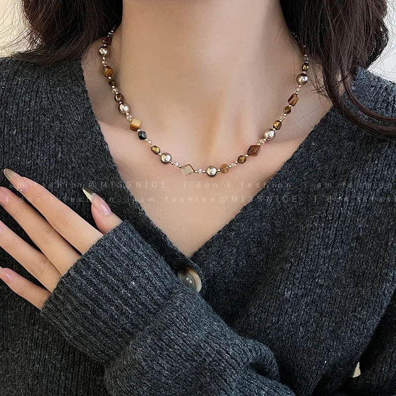 Sweater Necklace Tiger Eye Stone Pearl Caramel Tone Elegant Premium Quality Durable Lightweight for Women Daily Wear