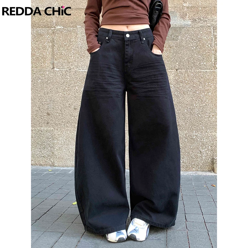 REDDACHiC Boyfriend Black Jeans Women Cleanfit Low Waist Whiskers Washed Loose Wide Leg Barrel Pants Vintage Grunge Streetwear