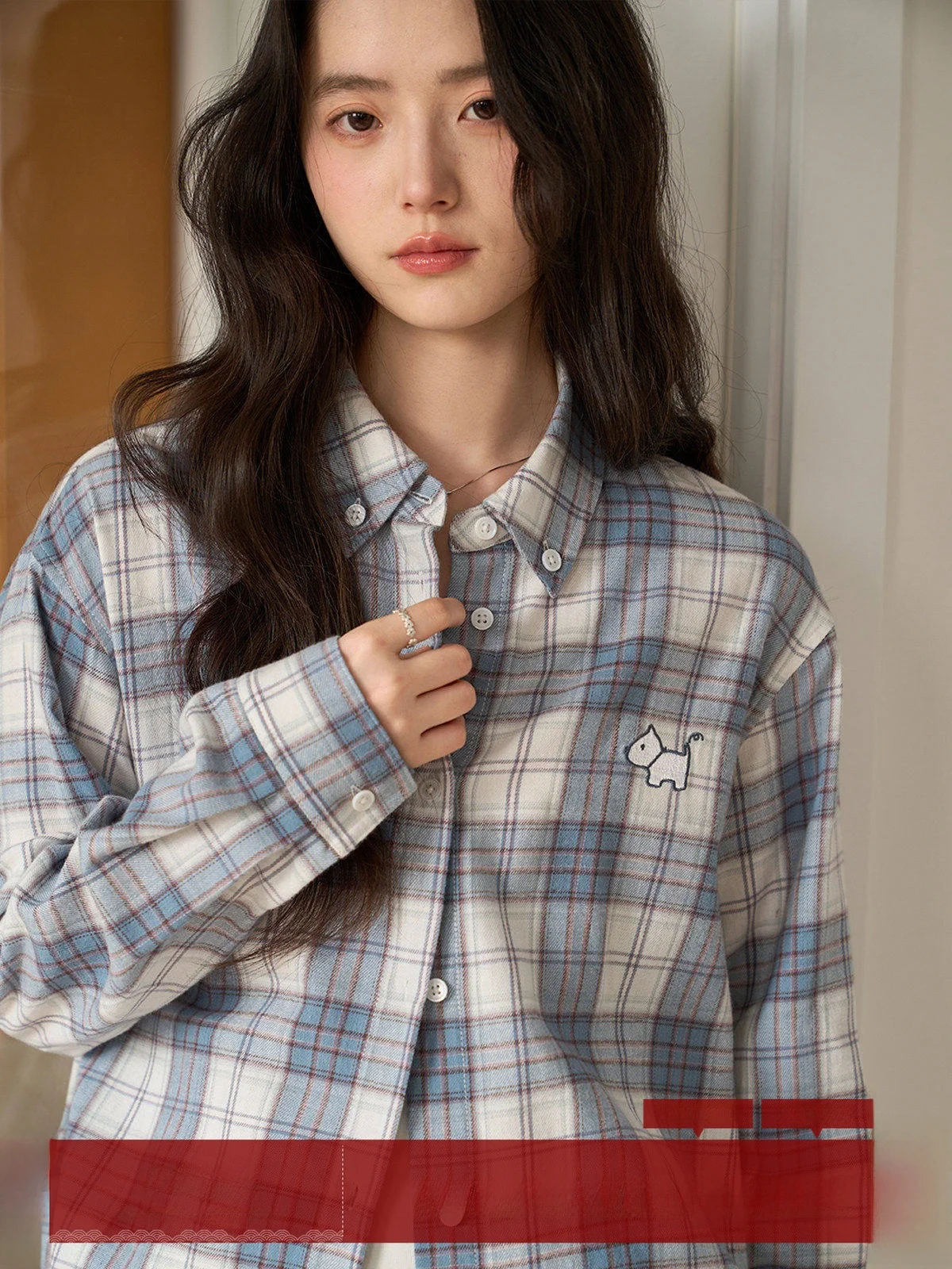 

Женская рубашка MoZa Весна 2026 в клетку с длинным рукавом, вышитым воротником, приталенная, в корейском стиле, свободного кроя, для повседневной носки