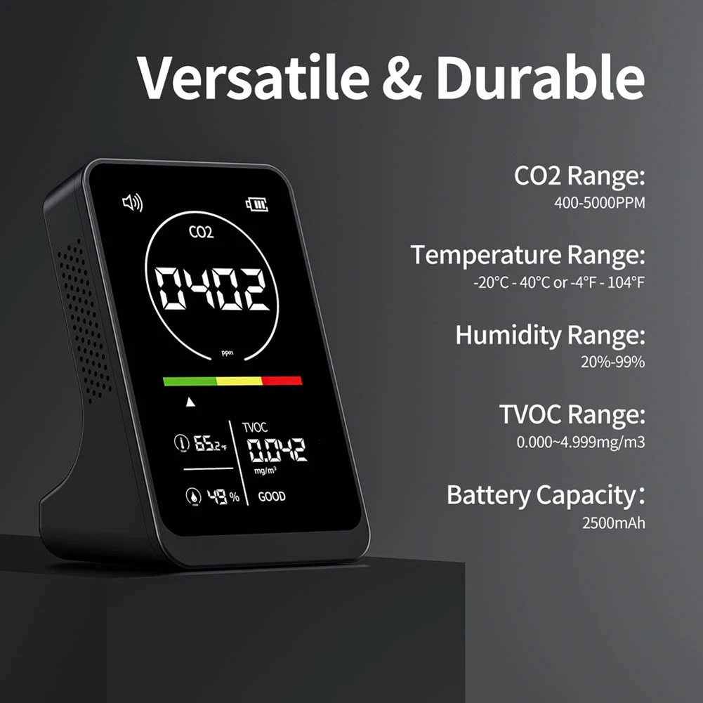 4in1 Air Quality Meter Household CO2 TVOC Tester Portable Temperature Humidity Detector NDIR Sensor Digital Display with Alarm