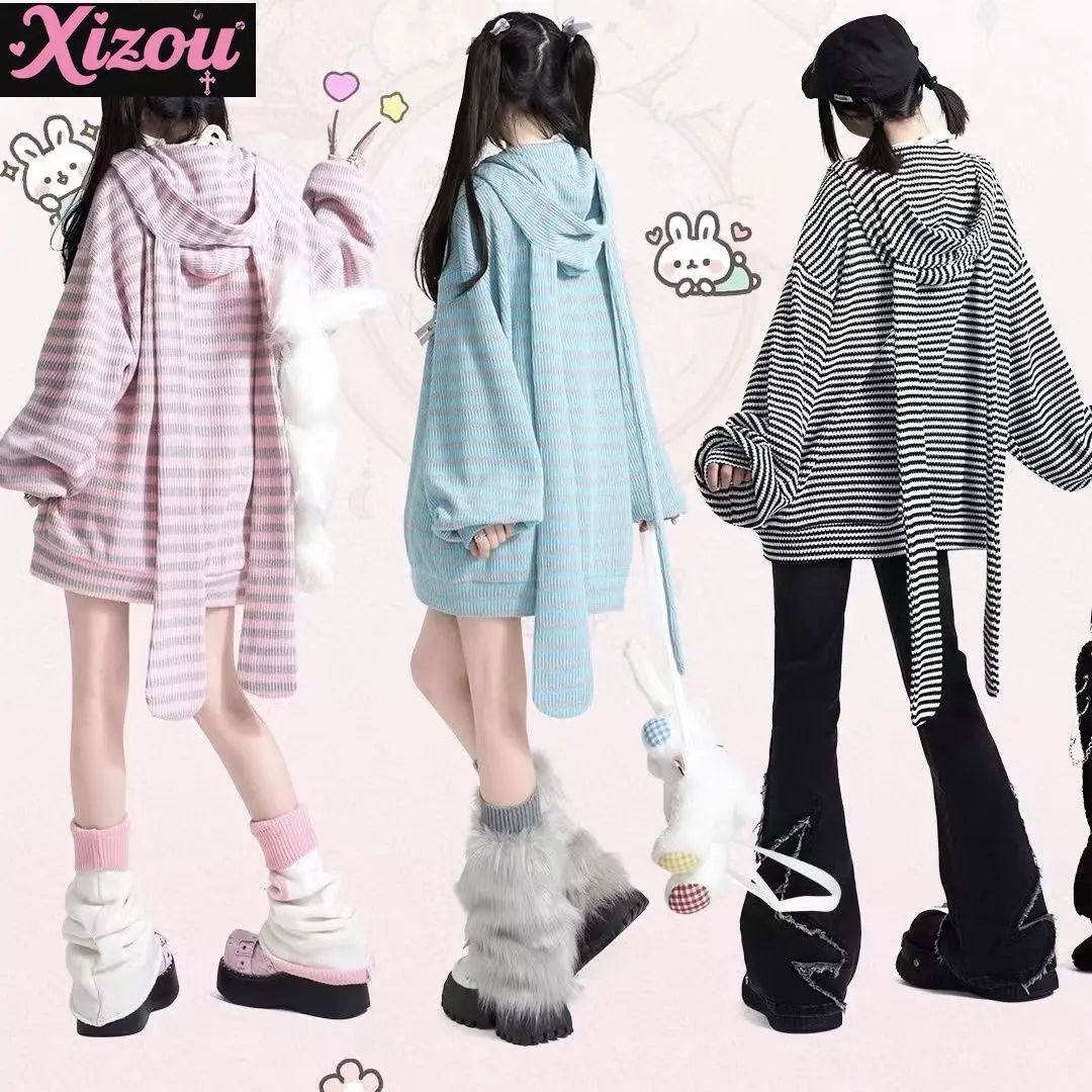

Soft Girl Autumn New Subculture Y2k Cute Loose Casual Culture Striped Rabbit Ears Knitted Hooded Cardigan Jacket Top for Women