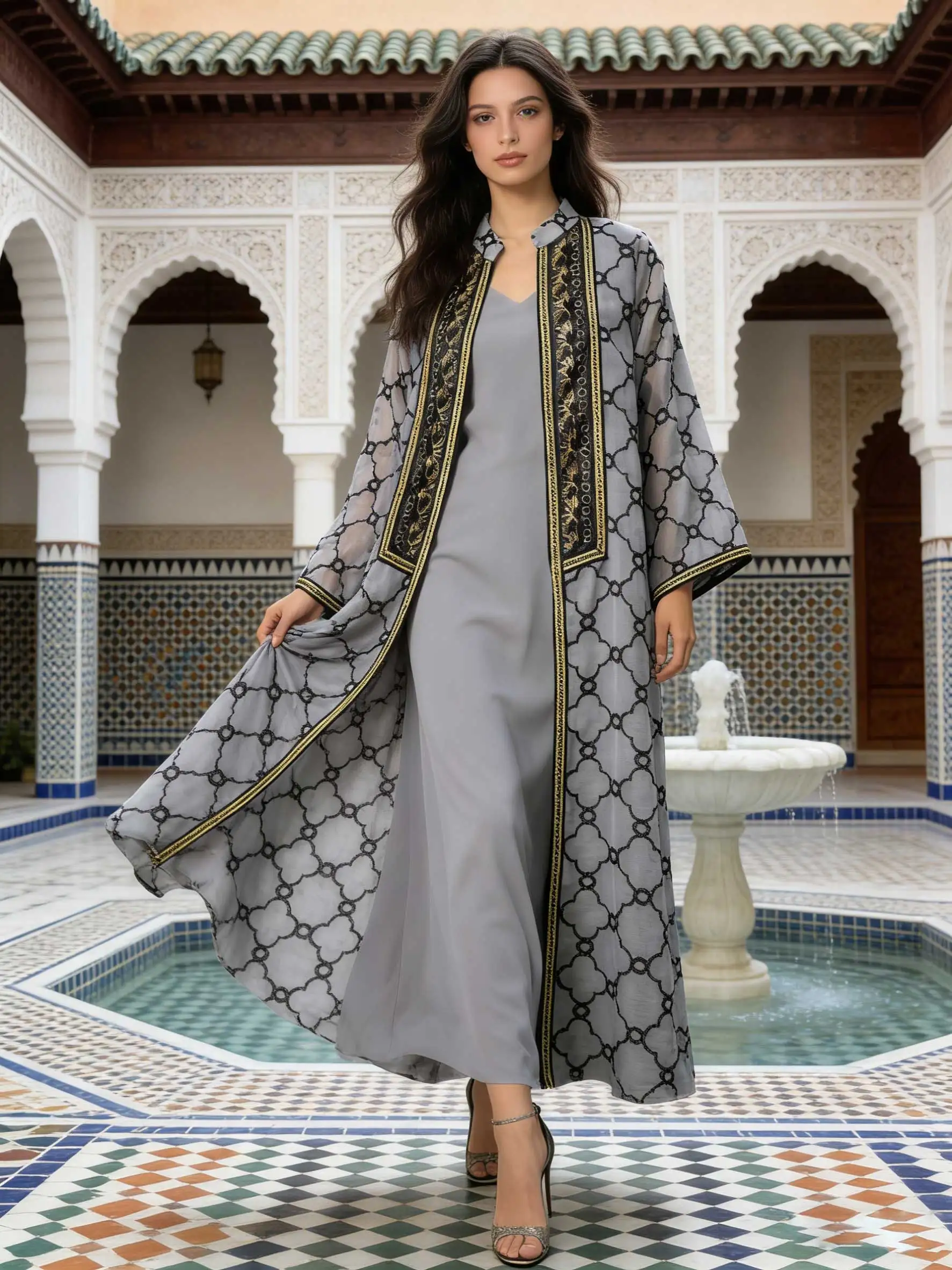 

New Muslim Women Grey Abaya Set with Gold Geometric Embroidery Dubai Kaftan Elegant Ramadan Eid Prayer Dress Turkey Islamic New