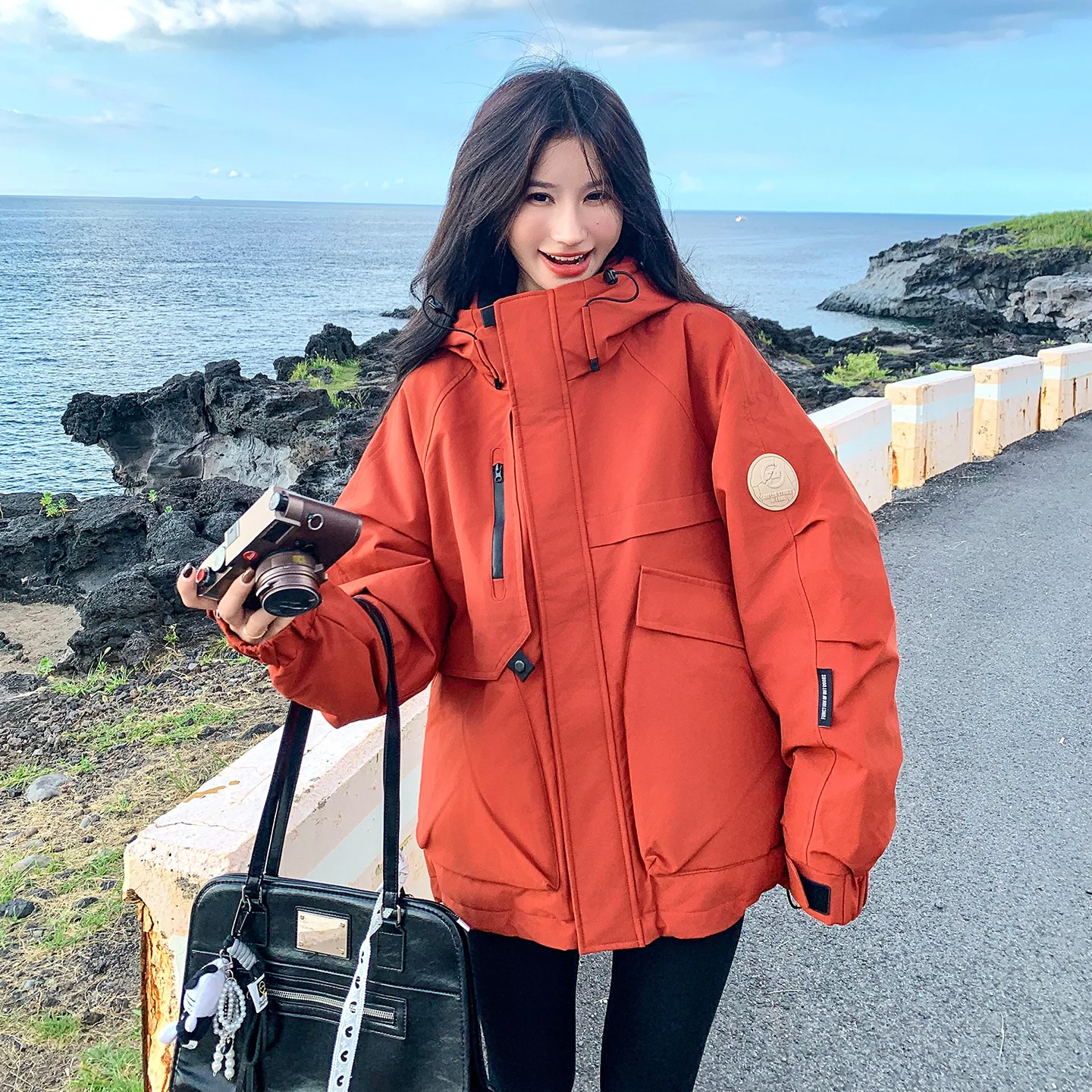 

Women winter coats Orange cotton Rabbit Fur Lined Workwear Parka 2025 korean climate many outer Casual Hooded Jacket outerwears