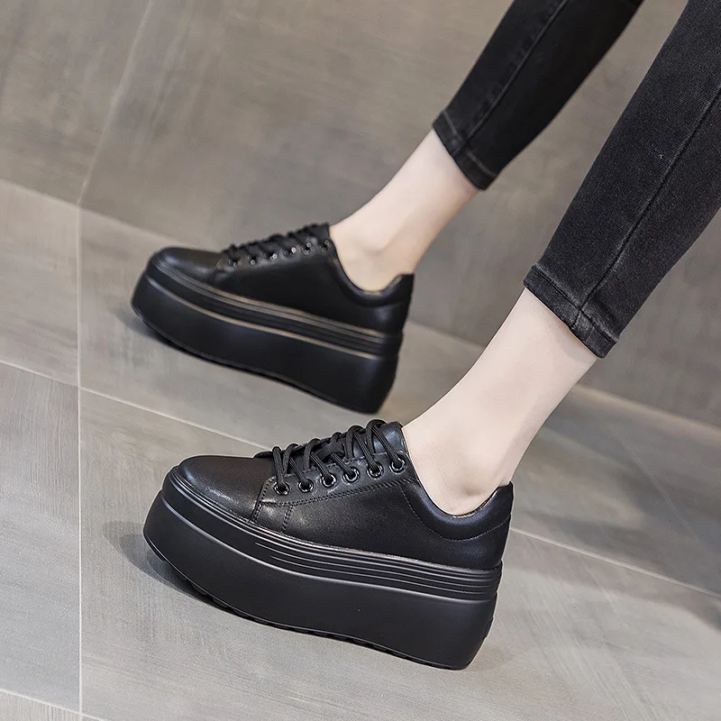Genuine Leather Women Casual Shoes Super Thick 8cm Platform Wedge Fashion Sneakers Chunky Spring Flats Zapados Mujer