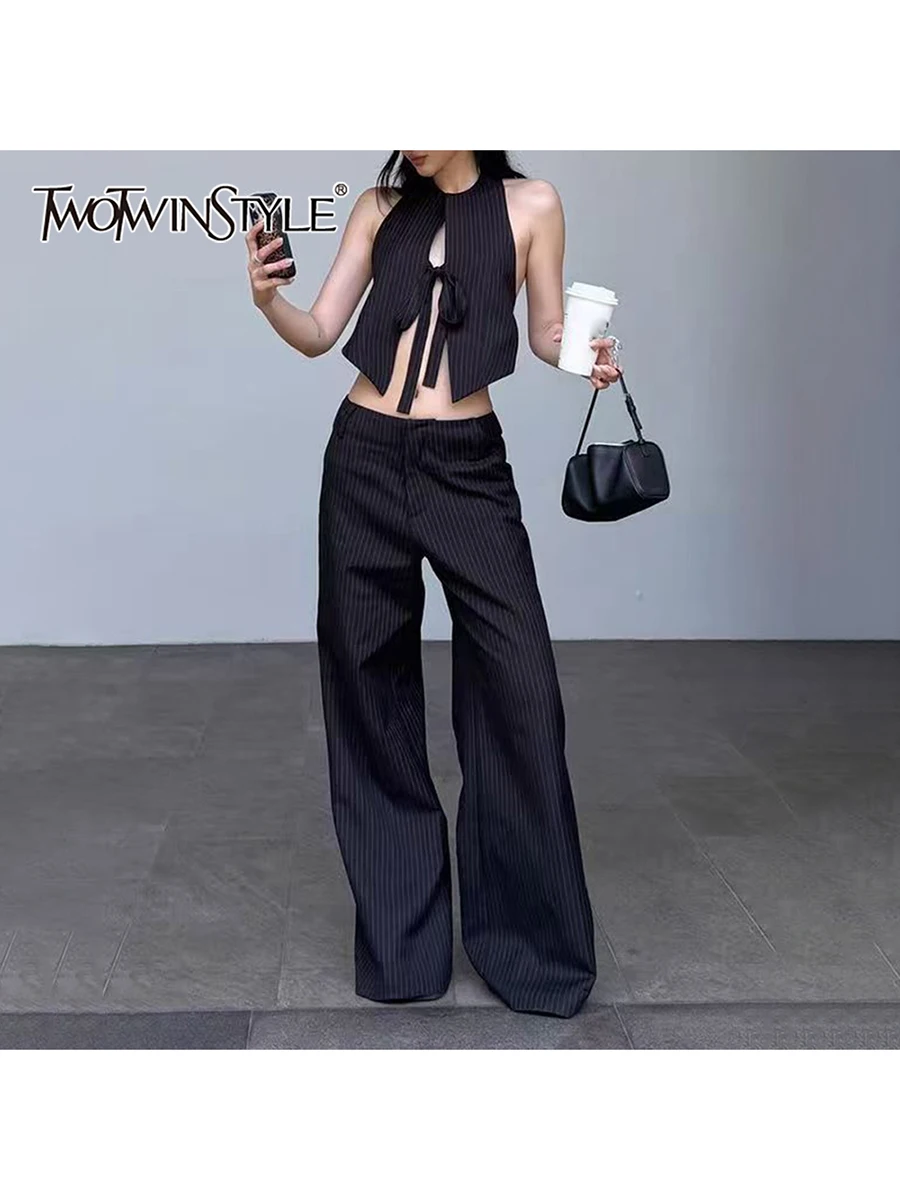 

TWOTWINSTYL Черные полосатые комплекты из двух предметов для женщин с круглым вырезом без рукавов в стиле пэчворк, жилет на шнуровке, широкие брюки, женский новый комплект