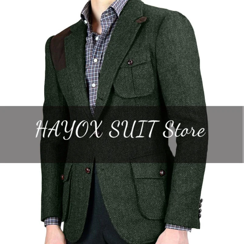 Dark Green Men's Suit Jacket Herringbone Single Breasted Multi-Pocket Jacket Groomsmen Wedding Wool Suit Jacket Leisure Fashion