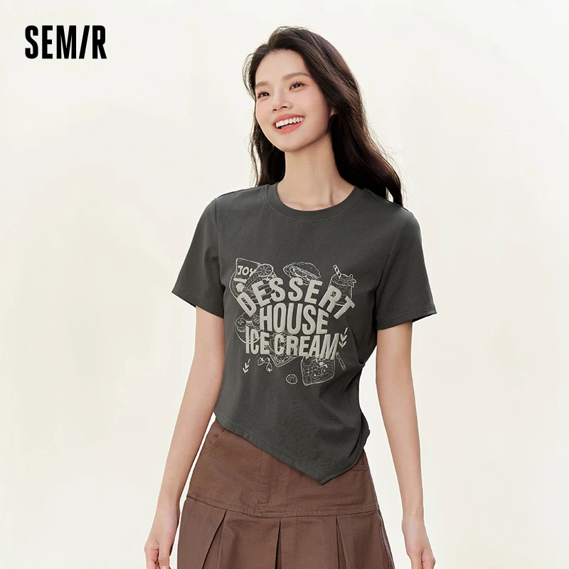 Semir Short-Sleeved T-Shirt Women Short Length Printed Petite Figures 2024 Summer New Slim Fit Asymmetrical Pullover Top