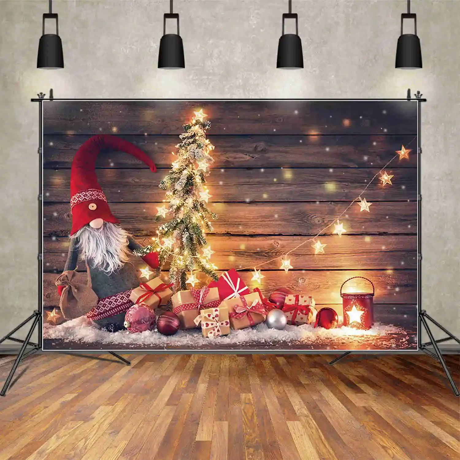 MOON.QG Christmas Background Photography Wooden Wall Glitter Light Sock Gifts Photocall Backdrop Children Photo Studio Supplies